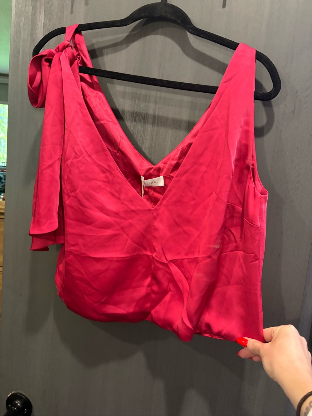 *New Silky One-Shoulder Bow Detail Tank - Cherry Pink